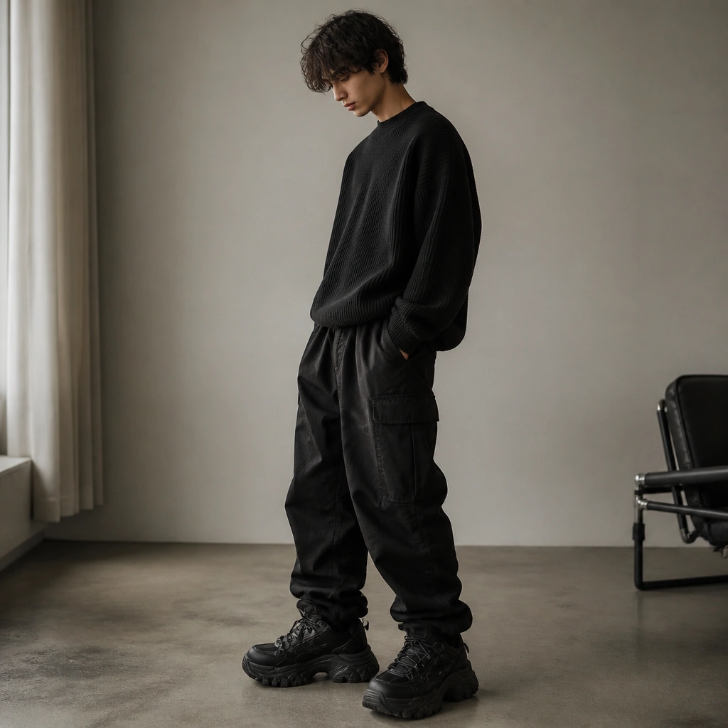 Black cargo pants paired with very chunky, dark sneakers; the shoes look massive compared to the leg opening.