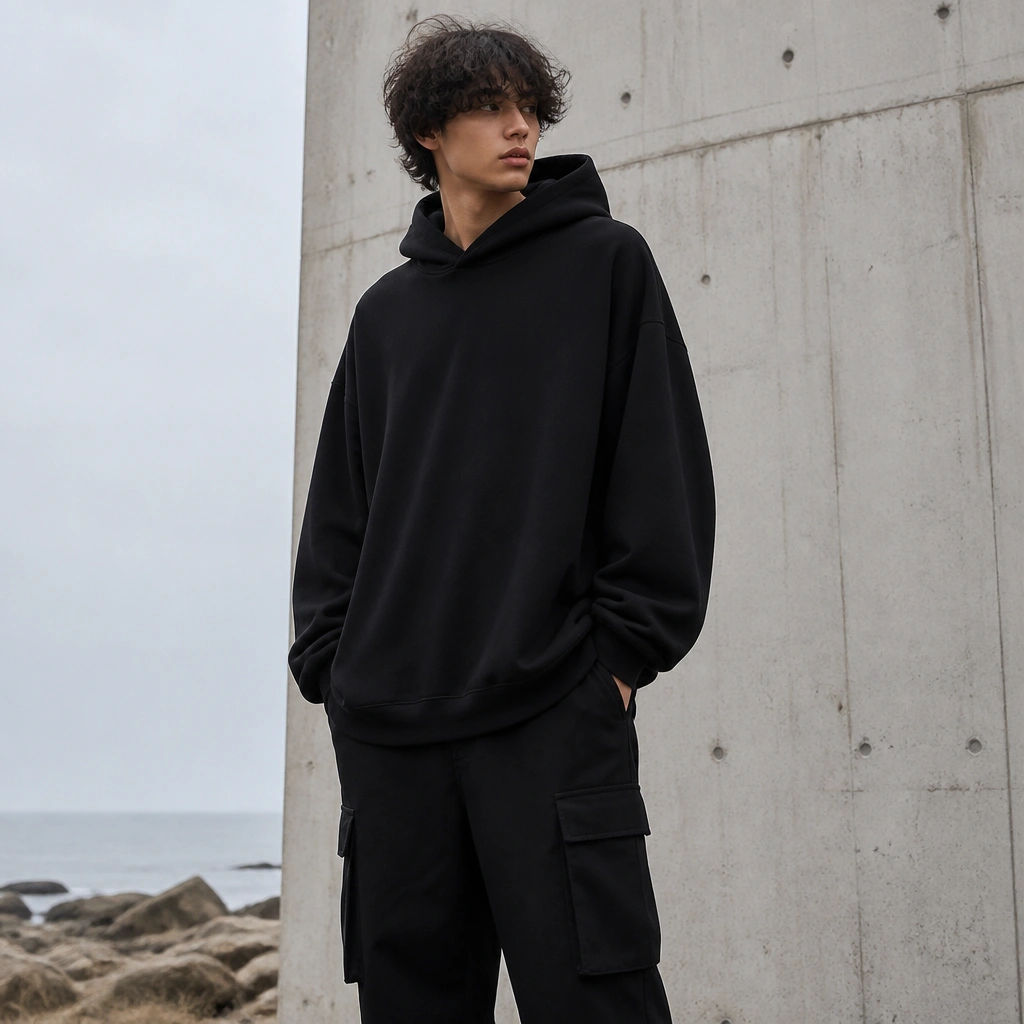 A person wearing a large black hoodie with matching black cargo pants; the hoodie hangs straight with no waist shaping, creating one continuous block.