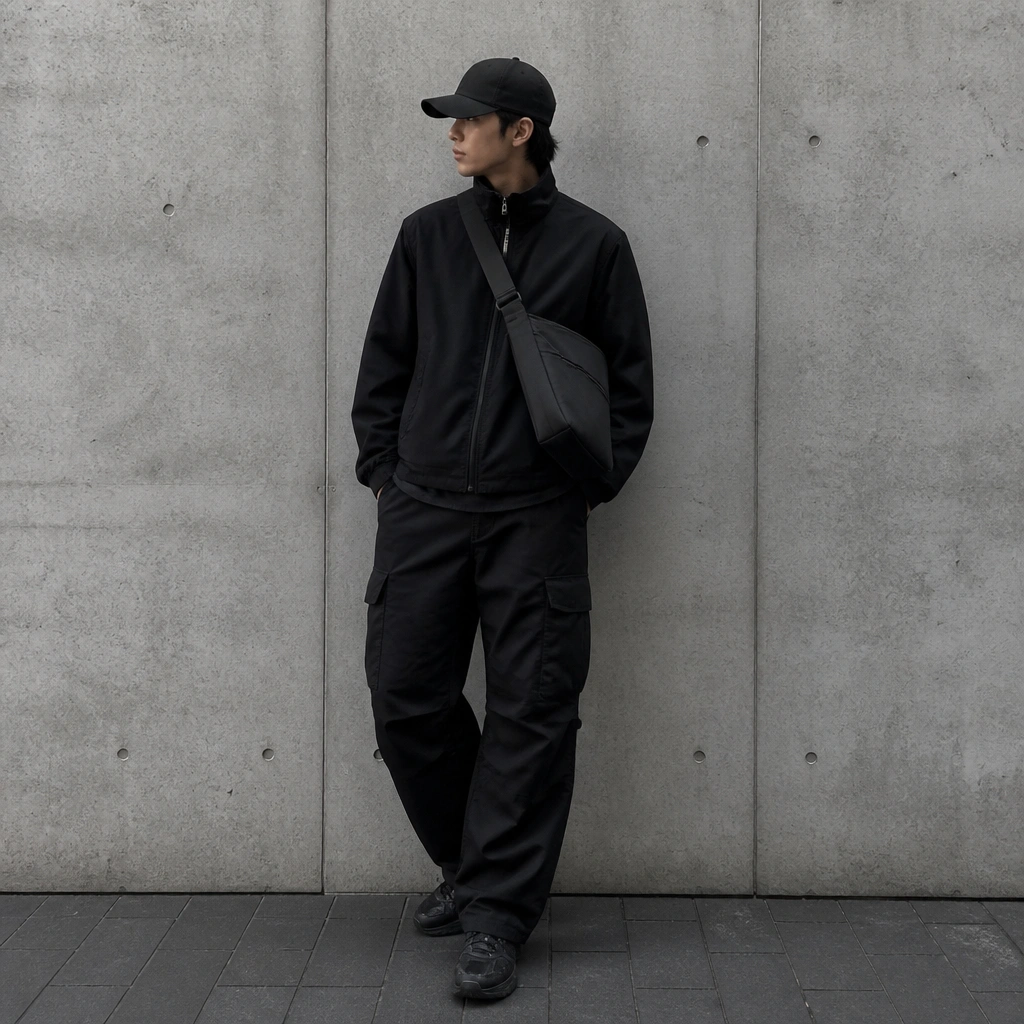 Black cargo pants with a black bag and black cap; the only visible differences are subtle shades of black with no bright contrast.