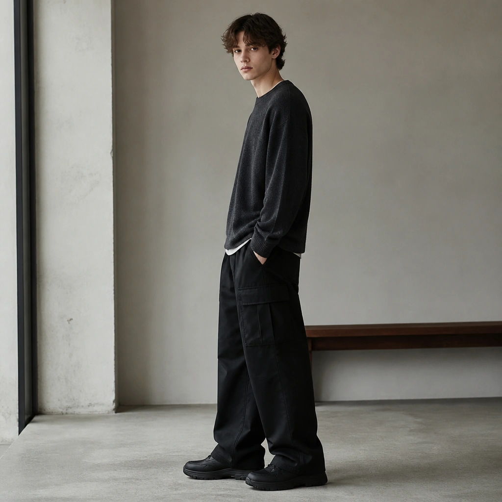 Black cargo pants cover the sock completely with a long break over the shoe, making the leg line look interrupted and heavy.