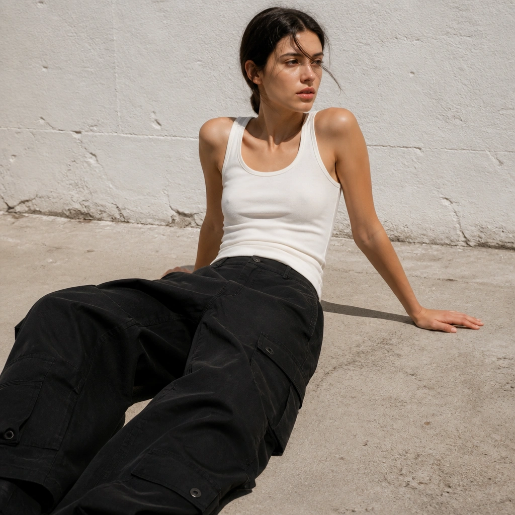 Black cargo pants in a heavy, thick fabric worn in bright summer light with a thin tank; the pants look overly heavy and stiff.