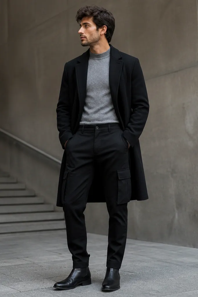 Black cargo pants styled with a fitted heather gray mock neck sweater, black leather-look Chelsea boots, and a longline black overcoat; hands are shown in coat pockets.