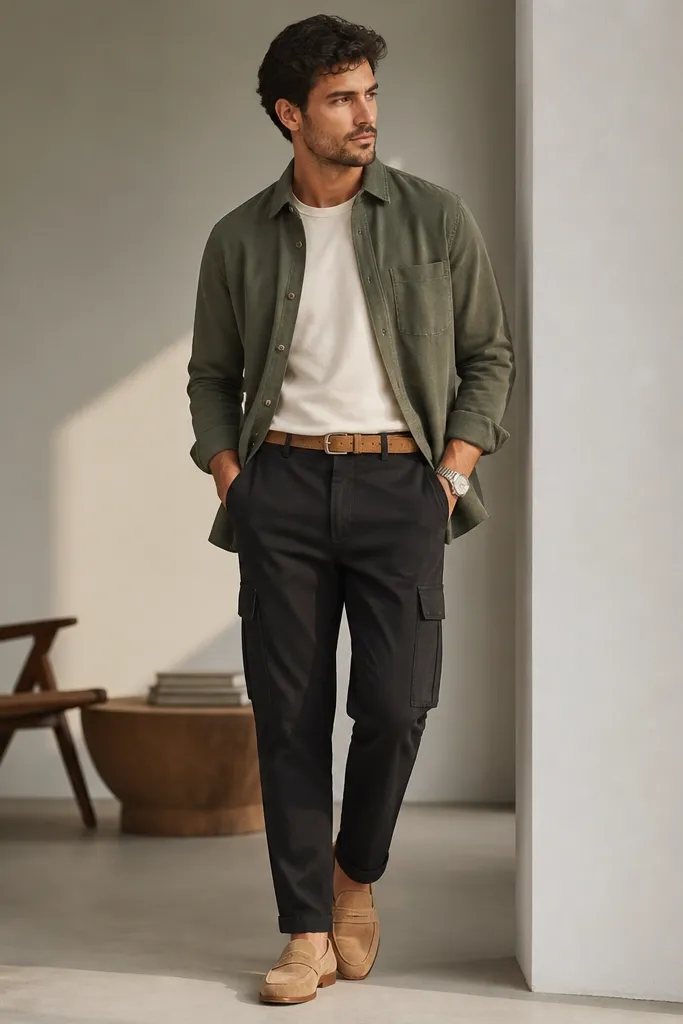 Black cargo pants with an olive button-up overshirt worn open over a cream crew tee; tan suede loafers; a belt in matching tan; minimal watch visible.