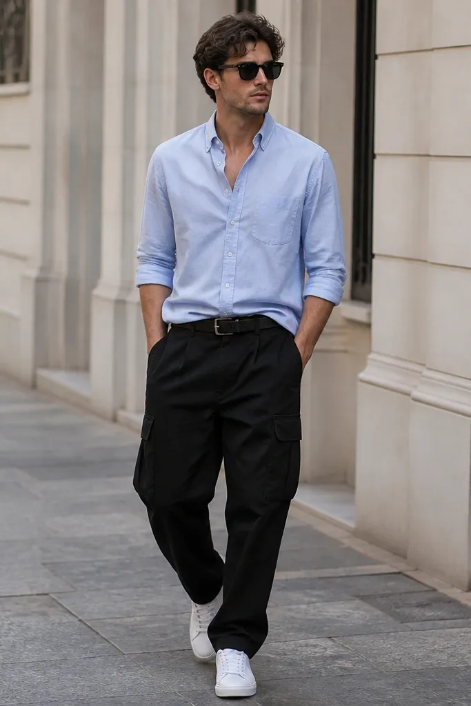 Black cargo pants worn with a light blue Oxford button-down, sleeves rolled to forearms, half tuck at the waist, and clean white trainers; a thin black belt and sunglasses on top.