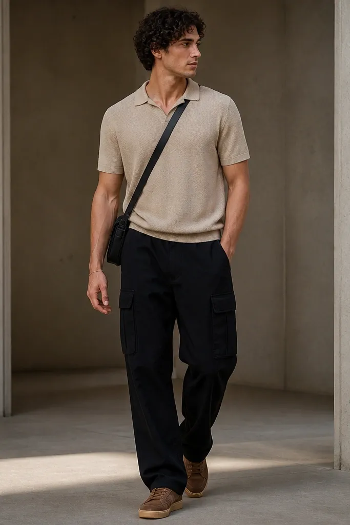 Black cargo pants paired with a sand knit polo shirt, short sleeves, and a minimal black crossbody bag; tan-brown low-profile sneakers; no visible logos.
