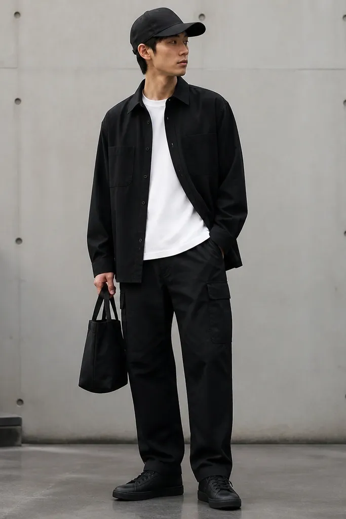 Black cargo pants with a plain white crew tee, a black overshirt layered on top, and all-black low-top sneakers; black cap and small tote shown.