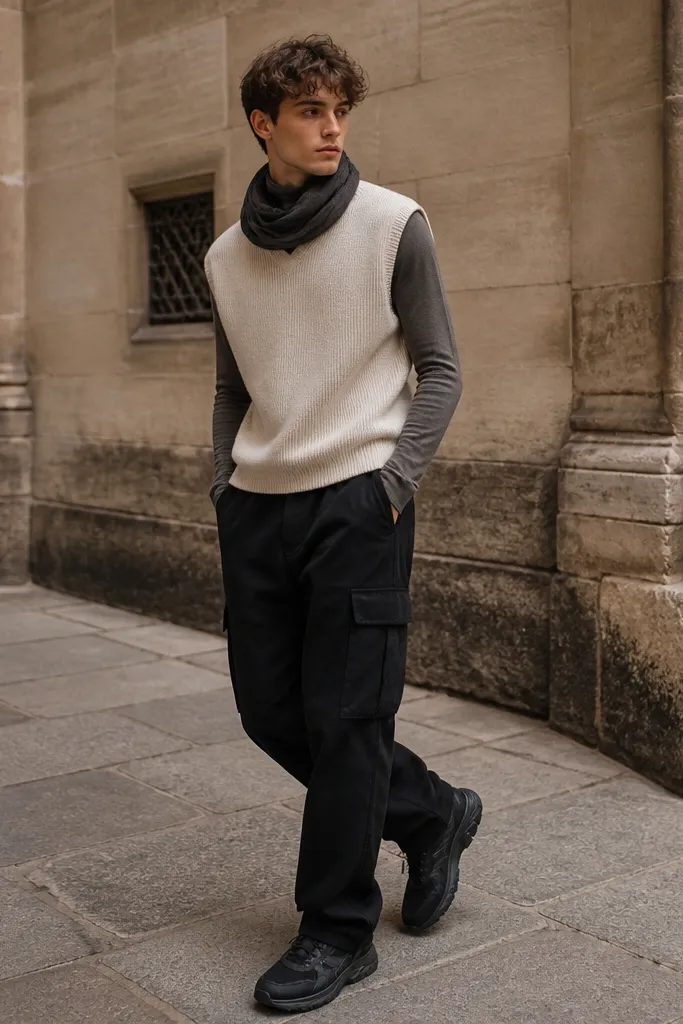 Black cargo pants with a cream cable-free sweater vest over a fitted long-sleeve base layer, layered in winter tones; dark sneakers; scarf loosely visible.