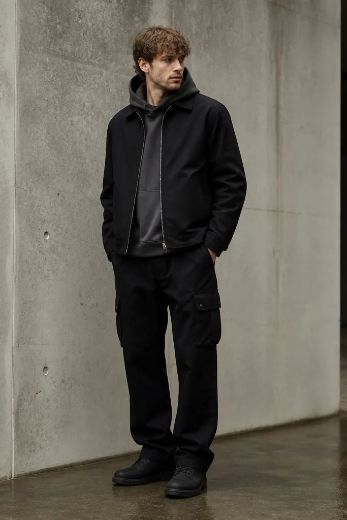 Black cargo pants worn with a charcoal hoodie, a zip-up black work jacket layered on top, and low-profile dark boots; minimal silver zipper hardware visible.