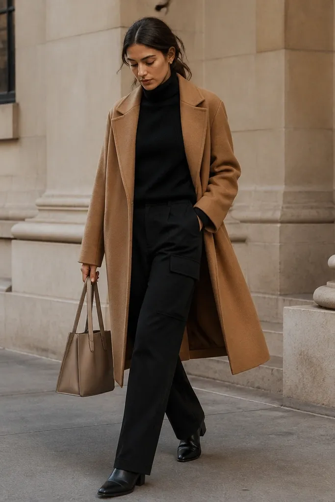 Black cargo pants paired with a soft black knit turtleneck and a camel overcoat; black leather shoes; a structured tote in neutral beige.