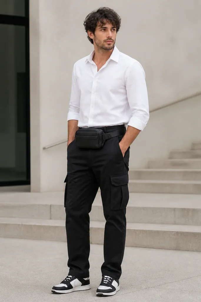 Black cargo pants with a crisp white button-down tucked in, a black belt bag worn at the waist, and black-and-white sneakers; sleeves rolled once.