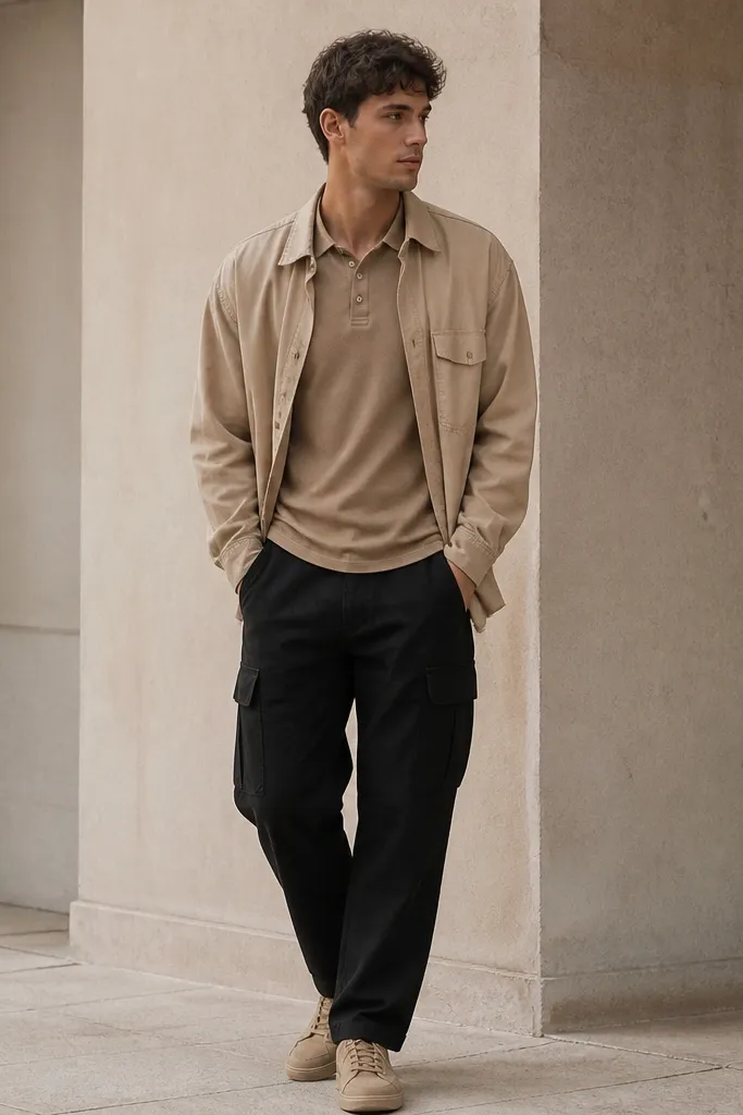 Black cargo pants paired with a tan henley shirt, an open light-tan oversized shirt jacket, and dark brown sandals-with-socks style (no, keep it minimal) - shown instead with tan sneakers.