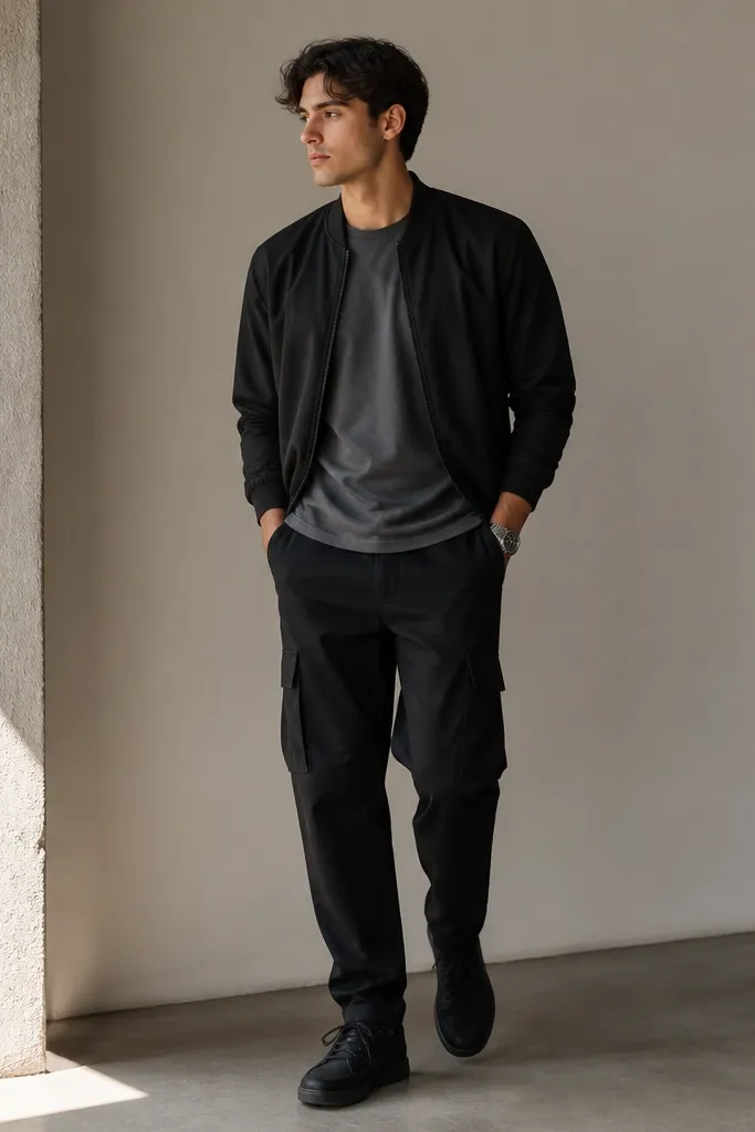 Black cargo pants with a slate gray tee, black bomber jacket with ribbed cuffs, and black sneakers; a minimal silver watch visible.