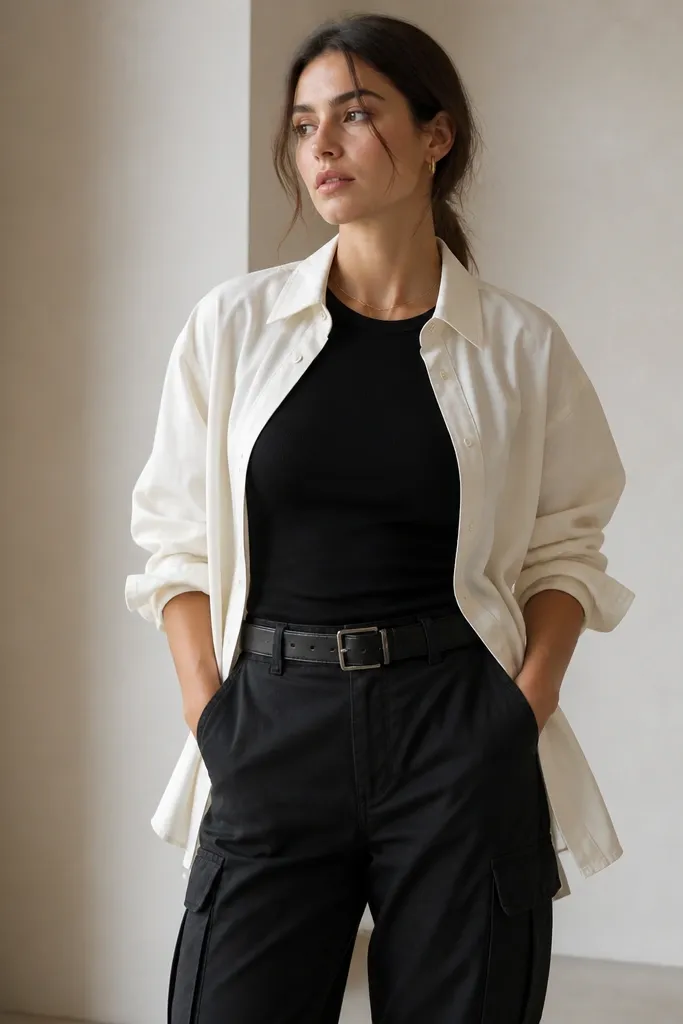 An off-white oversized button-down worn open over a fitted black top, with black cargo pants underneath. The styling shows rolled sleeves and a clean belt line.