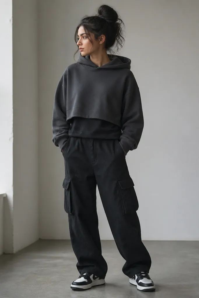 A charcoal cropped hoodie layered over a black tee, paired with black cargo pants. The hoodie hem sits above the waistband, and the look is finished with black-and-white trainers.