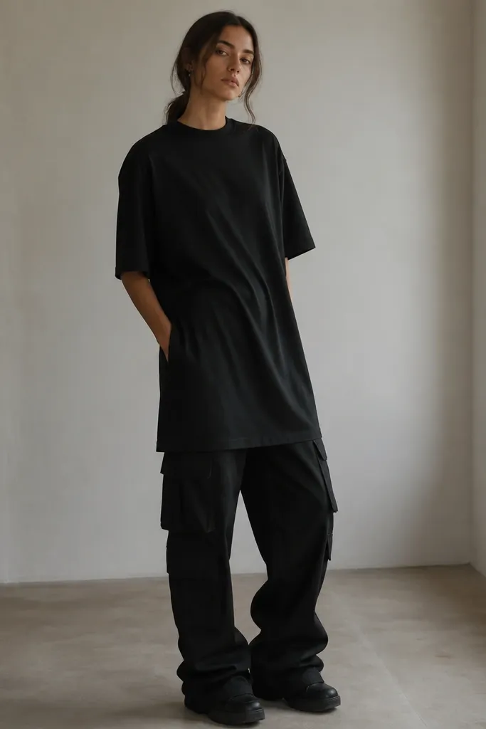 Black cargo pants styled with a longline black tee worn like a mini dress over the pants, with the hem falling mid-thigh. The outfit shows a sleek, monochrome layering effect.