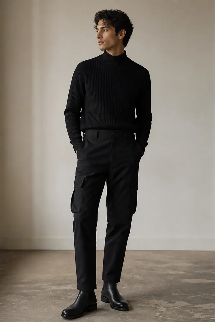 A black mock-neck knit sweater tucked into black cargo pants, finished with sleek black Chelsea boots. The image highlights the knit texture and clean boot silhouette.
