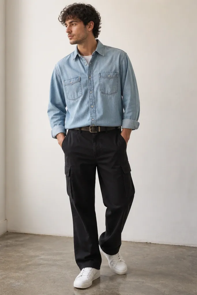 Black cargo pants paired with a light wash denim overshirt worn buttoned or half-buttoned. A simple belt and clean sneakers complete the outfit.