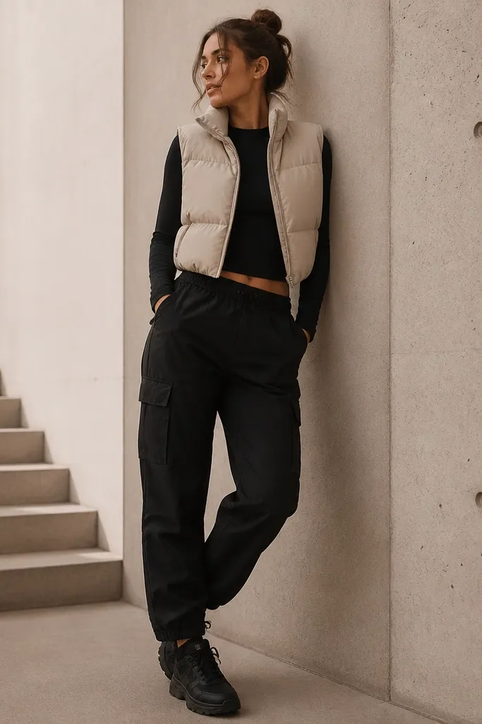 A neutral-beige cropped puffer vest over a fitted black long-sleeve top, with black cargo pants. The outfit looks crisp with black trainers.