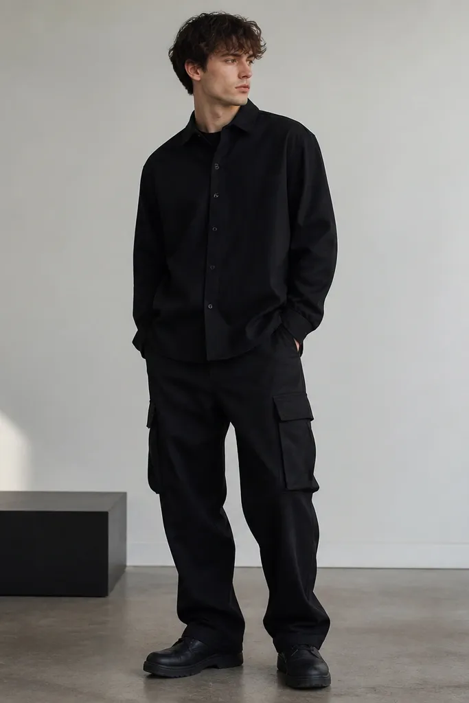 A black overshirt paired with black cargo pants, all in closely matched black tones. The shoes are also black, creating a seamless monochrome look.