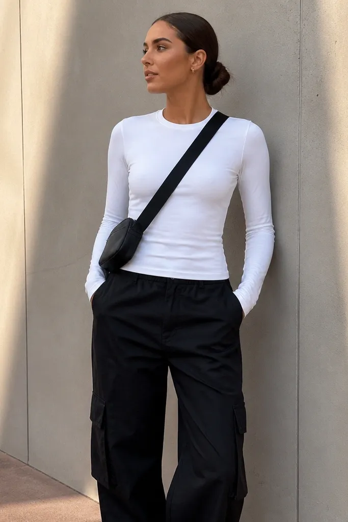A white long-sleeve fitted tee with black cargo pants and a small black crossbody bag worn across the chest. The image shows clean lines and visible cargo pocket seams.