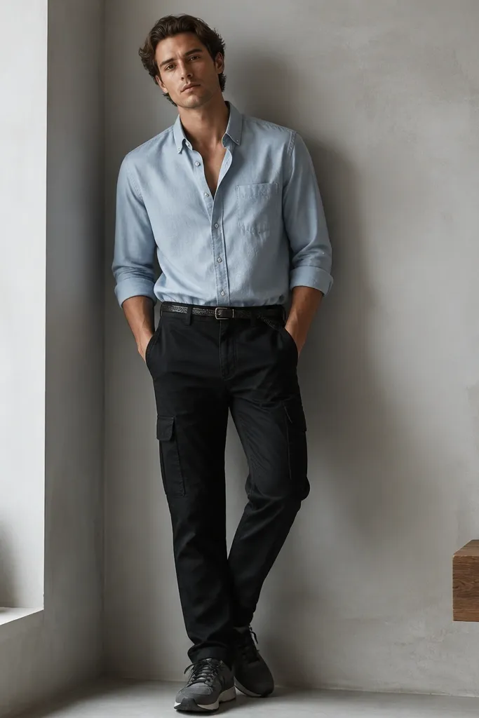 A light blue button-down worn half-buttoned with sleeves rolled to mid-forearm, tucked into black cargo pants, with dark gray sneakers and a thin belt.