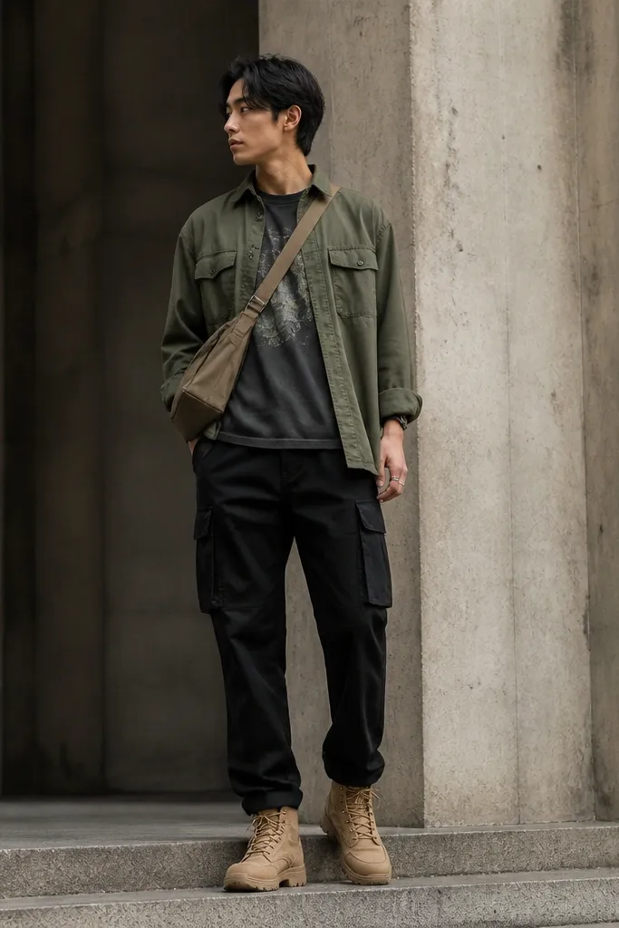 A muted-toned graphic tee layered under an open olive overshirt over black cargo pants, styled with tan boots and a crossbody bag.