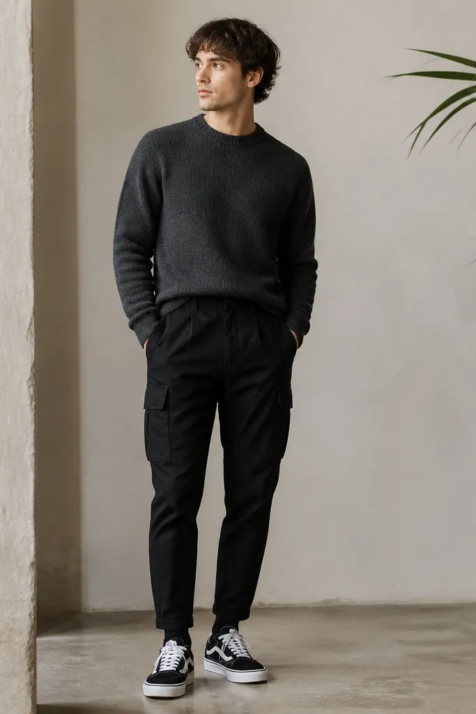 A charcoal crewneck knit sweater front-tucked into black cargo pants, with black crew socks and black-and-white low-top sneakers.