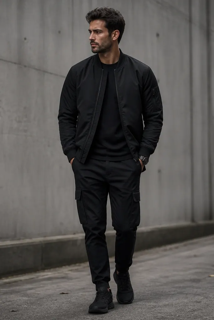A matte black bomber jacket worn over a black tee, paired with black cargo pants and sleek black sneakers, with a minimal watch visible.