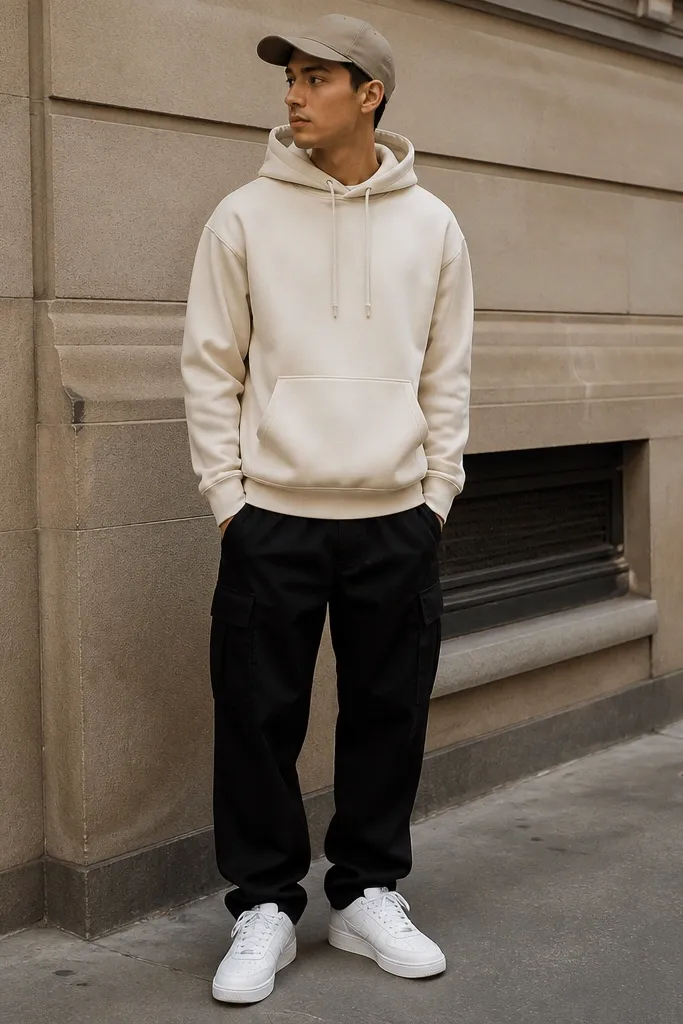 A cream hoodie layered over black cargo pants, paired with clean white sneakers and a neutral baseball cap, with drawstrings visible.