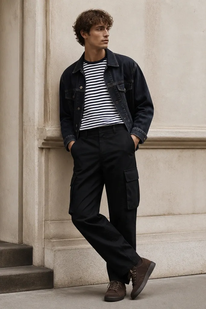 A navy-and-white striped tee tucked into black cargo pants with a dark denim jacket worn open, plus dark brown lace-up sneakers.