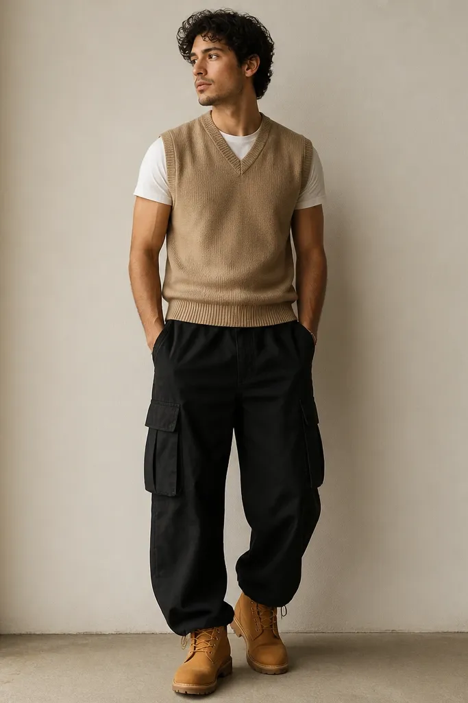 A tan sweater vest over a fitted white or gray tee, worn with black cargo pants and tan-brown boots.