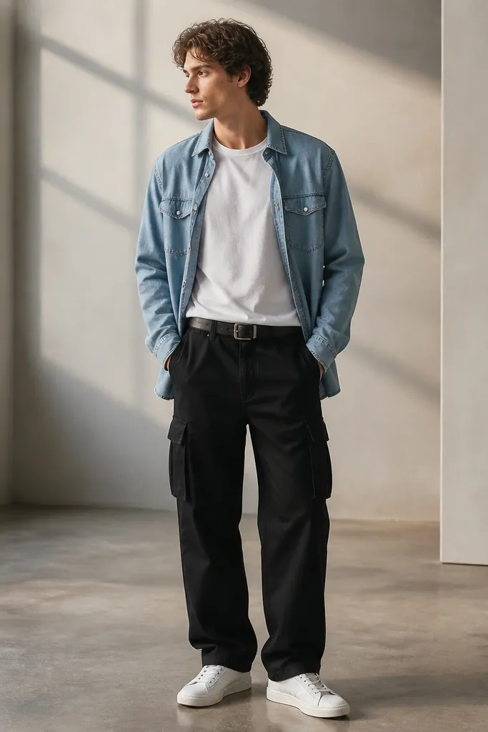 A white tee worn with a light-wash denim overshirt open over black cargo pants, paired with white sneakers and a belt.