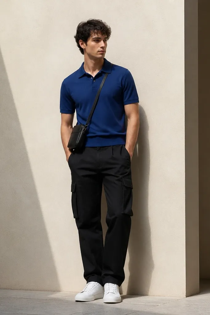 A cobalt blue knit polo tucked into black cargo pants, with white low-top sneakers and a simple crossbody bag.