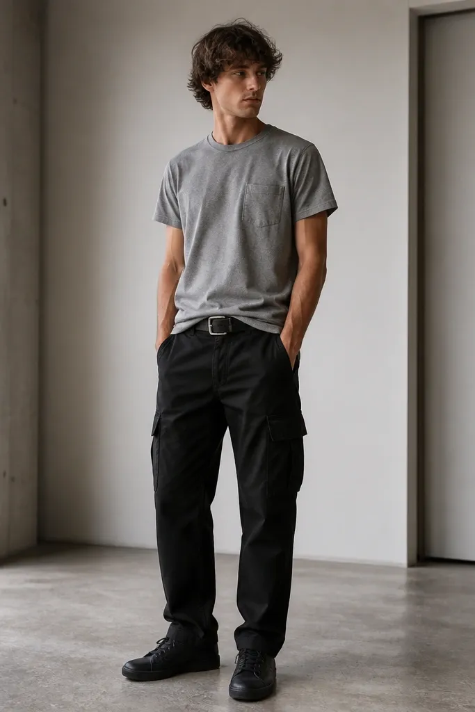 Heather gray pocket T-shirt worn untucked over black cargo pants; black leather belt with a simple buckle; shoes are black minimalist sneakers.