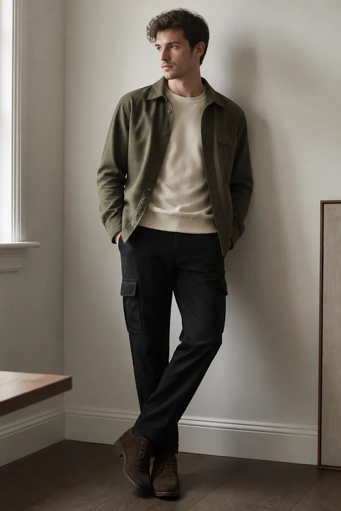 Cream crewneck sweatshirt layered under an olive overshirt; olive overshirt is open; black cargo pants; brown suede desert boots; indoor window light.