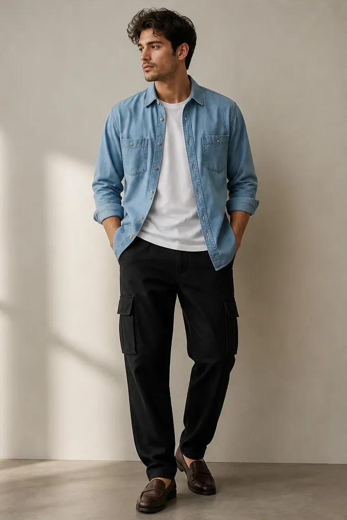 Light blue denim button-up with sleeves rolled to forearm, worn open over a plain white tee; black cargo pants; brown leather loafers; neutral wall background.