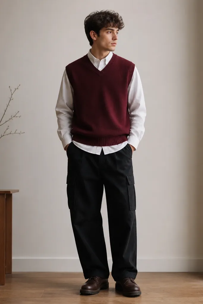 Burgundy knit sweater vest over a white button-down oxford shirt; shirt collar peeks out; black cargo pants; dark brown lace-up shoes.