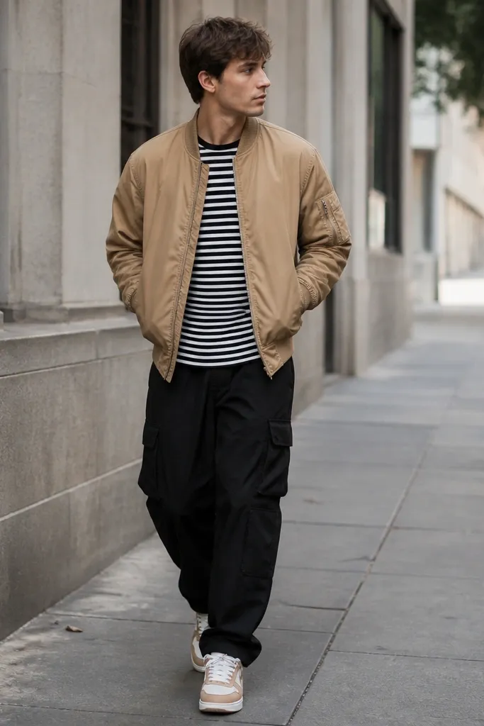Black-and-white striped long-sleeve tee under a tan bomber jacket, worn with black cargo pants; sneakers are tan and white; city sidewalk background.