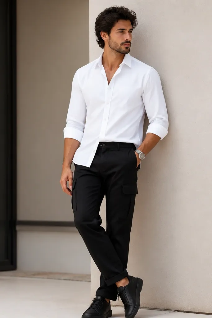 Crisp white button-up shirt worn half-tucked into black cargo pants; sleeves are rolled once; silver watch visible; black sneakers.