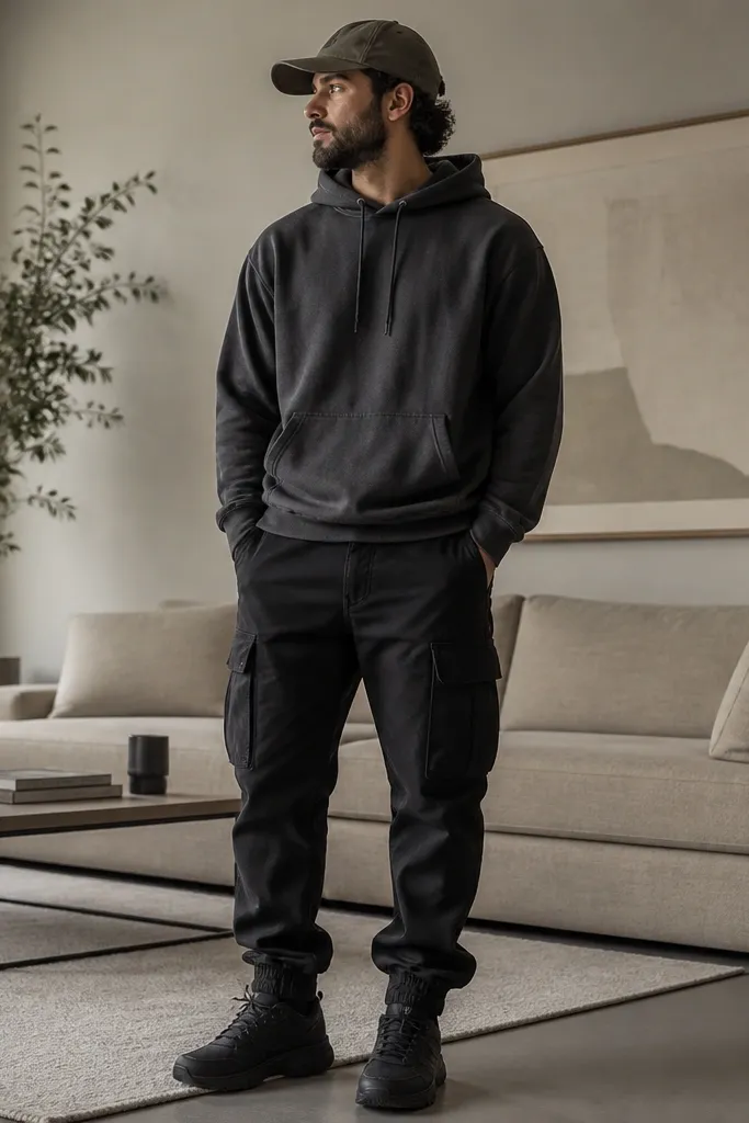 Charcoal hoodie worn with drawstrings visible, black cargo pants, olive baseball cap, and all-black sneakers; casual living room background.