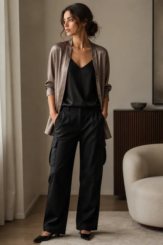 Satin taupe cardigan worn open over a black satin slip cami; black cargo pants; pointed flats or low block heels; soft indoor lighting.