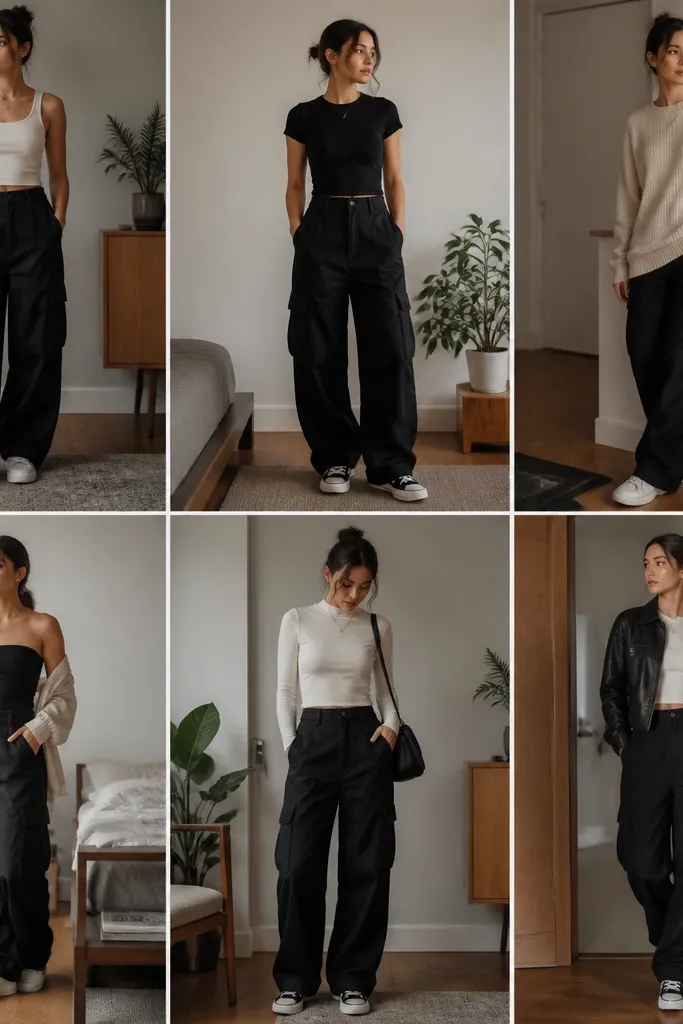 Small-Apartment Capsule Black Cargo Pants Outfit Ideas