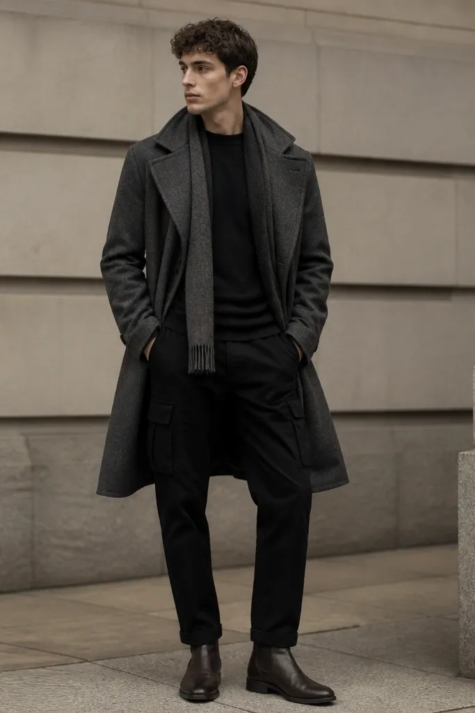 A model shows black cargo pants paired with a black thermal long sleeve. Over it is a charcoal wool overcoat with wide lapels. The outfit includes dark brown Chelsea boots and a charcoal scarf.
