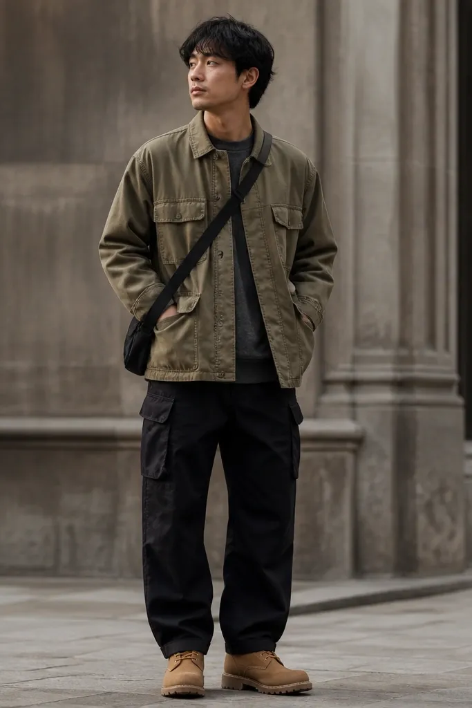 Black cargo pants are styled with an olive utility jacket, slightly open at the front. A dark gray crewneck peeks out underneath. The feet are in tan work boots, and there’s a simple black crossbody bag.