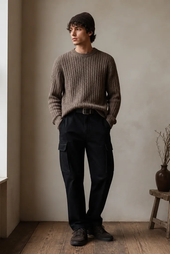 A model wears black cargo pants with a visible belt. On top is a mocha cable-knit sweater tucked slightly at the front. The shoes are dark suede sneakers, and a knit beanie in brown sits on the head.
