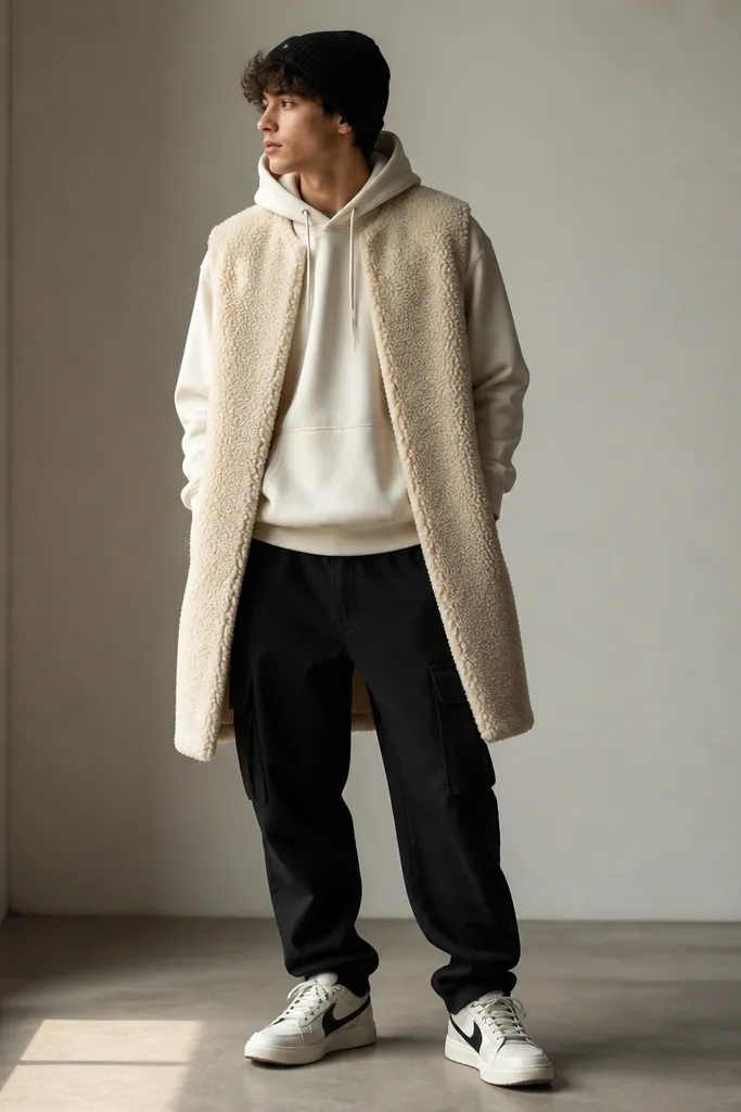 Black cargo pants pair with an off-white hoodie. A longline sherpa vest in cream sits over it. The model wears off-white sneakers with black accents and a black beanie.