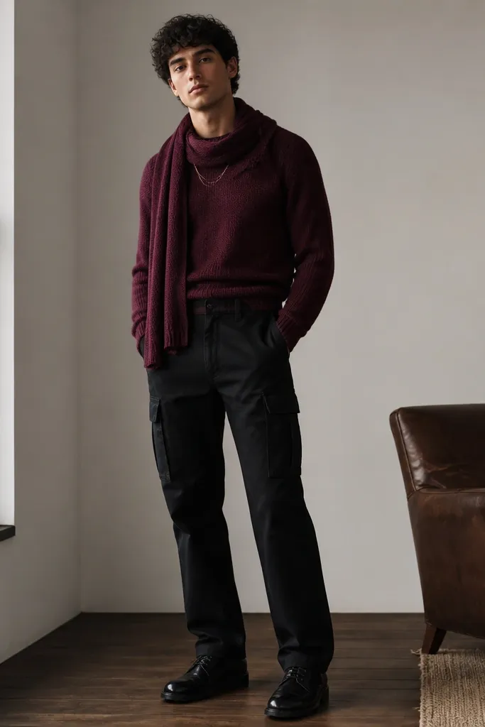 A model wears black cargo pants with a burgundy knit crew sweater tucked at the waist. A thin gold chain peeks at the neckline. Shoes are black leather lace-ups, and there’s a burgundy knit scarf.