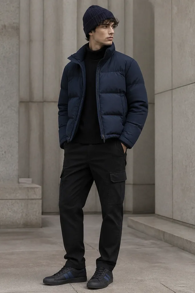 Black cargo pants are paired with a navy puffer jacket that ends above the hips. A black mock neck top is underneath. The shoes are dark sneakers with a navy stripe, and a navy beanie completes the look.