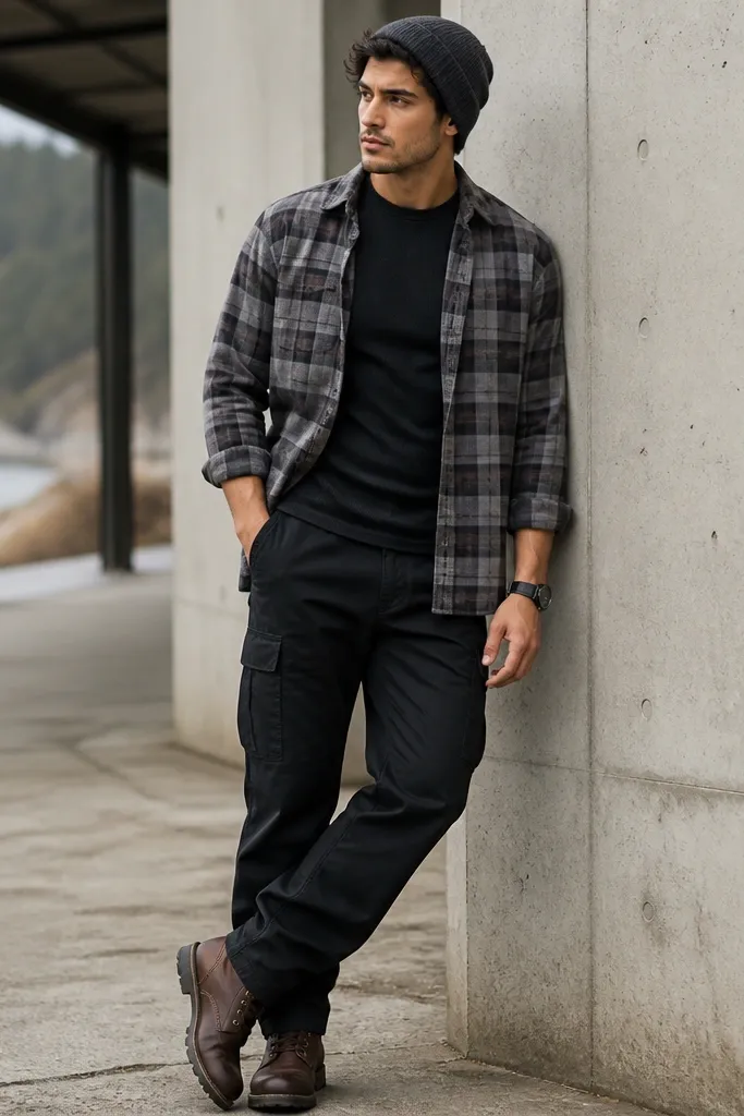 A model wears black cargo pants with a gray flannel button-down worn open over a fitted black thermal tee. The sleeves are rolled once. The shoes are dark brown boots, and the look includes a black watch and a gray beanie.