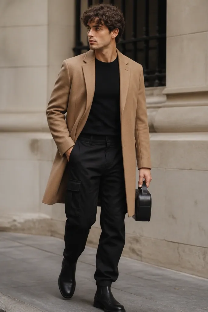 Black cargo pants are styled over a fitted black base layer. A camel overcoat falls to mid-thigh. The model wears black Chelsea boots and carries a small structured black bag.